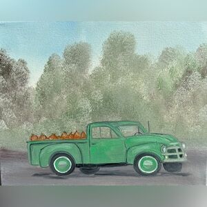 Vintage Green Pumpkin Truck Canvas Art Painting